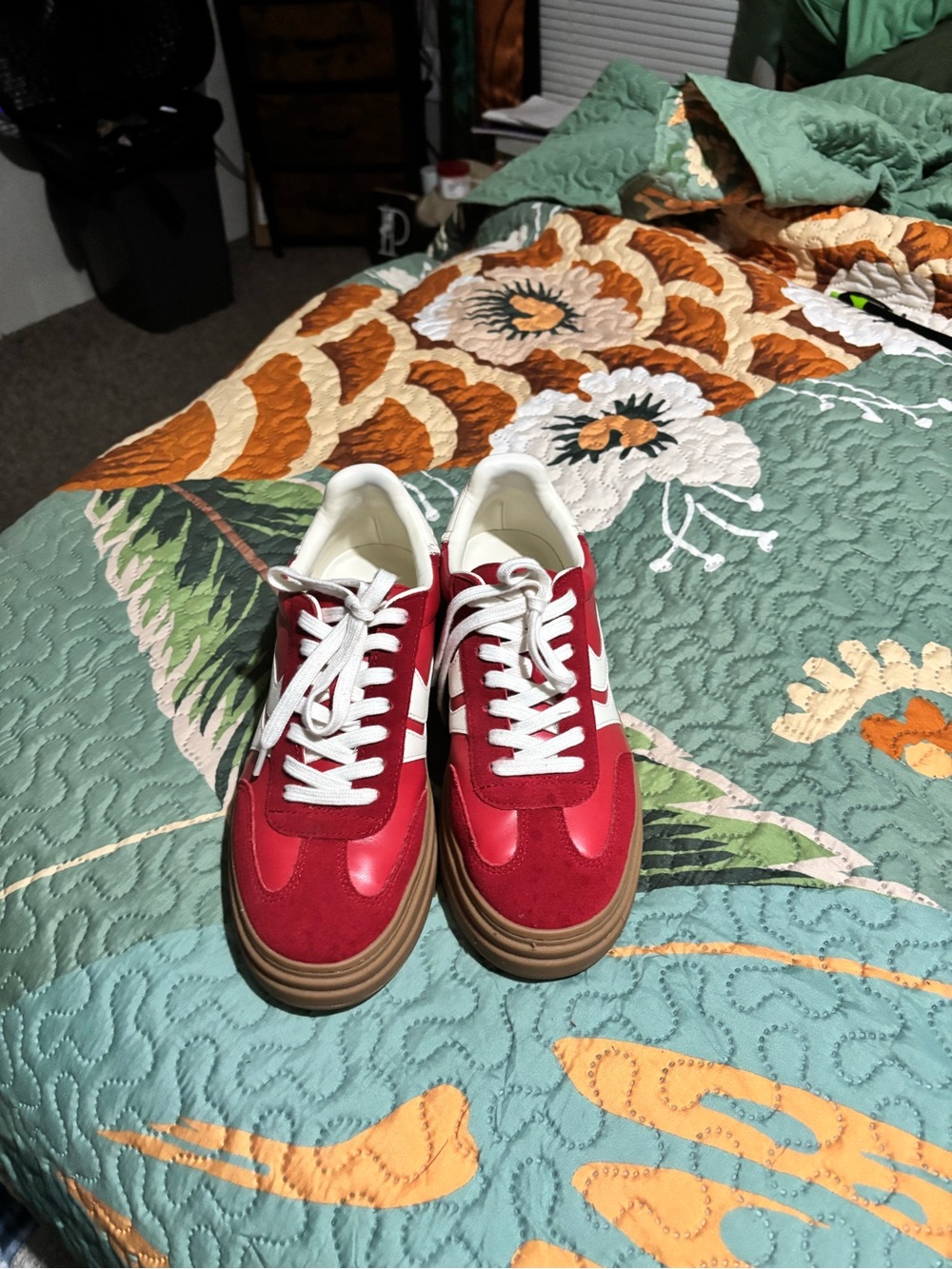 Steve Madden Red and White Women's Lace-Up Sneakers with Gum Sole
